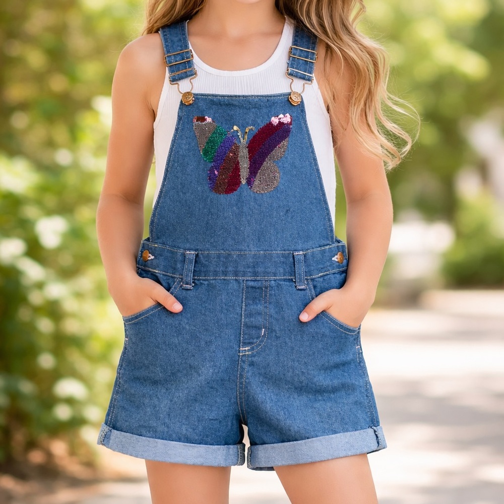 Colette Lilly Girls Denim Shortalls‎ Blue Sequin Butterfly Overalls Size M 10/12